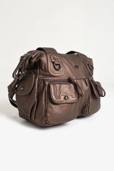 571 collections Suni Deri Çapraz Askılı Çok Bölmeli Omuz Çantası Bronz (Model: 571-11-10F) - Resim 5