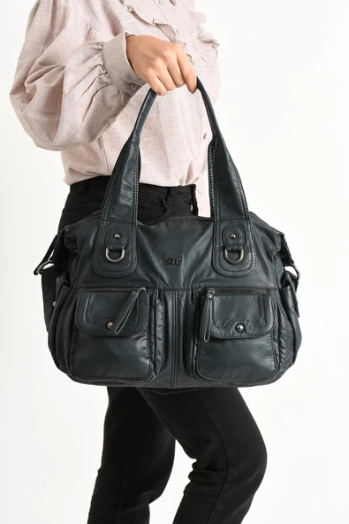 571 collections Suni Deri Çapraz Askılı Çok Bölmeli Omuz Çantası Mavi (Model: 571-11-10F) - Resim 2