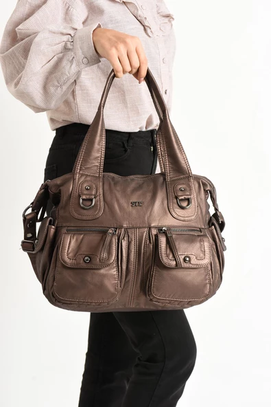 571 collections Suni Deri Çapraz Askılı Çok Bölmeli Omuz Çantası Bronz (Model: 571-11-10F) - Resim 2