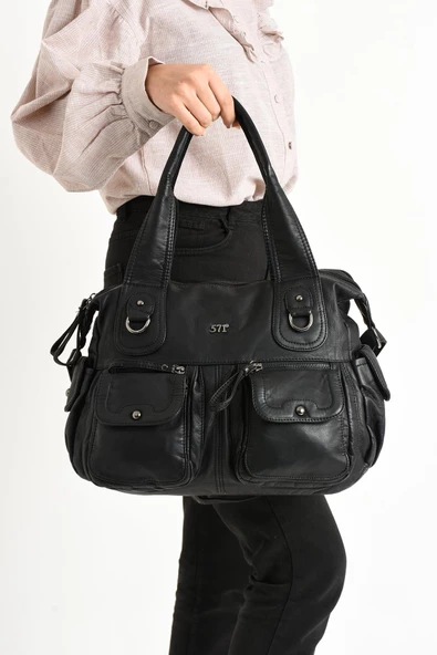 571 collections Suni Deri Çapraz Askılı Çok Bölmeli Omuz Çantası Siyah (Model: 571-11-10F) - Resim 2