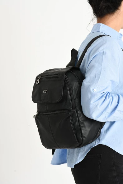 Yıkanmış Deri Sırt Çantası Siyah (Model: 571-9-11A) - 2