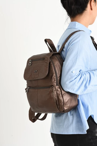Yıkanmış Deri Sırt Çantası Bronz (Model: 571-9-11A) - 2