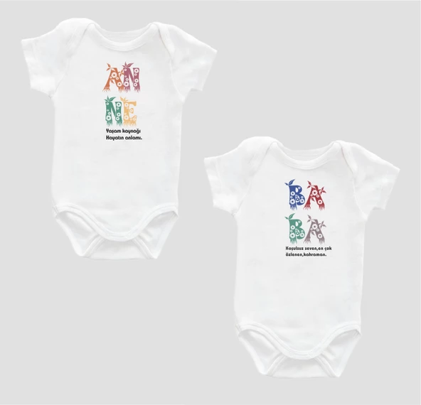 Organik %100 Pamuk Anne Baba Baskılı 2'li Bebek Body Set Beyaz Çıtçıtlı Badi Zıbın Ikili ZBN020