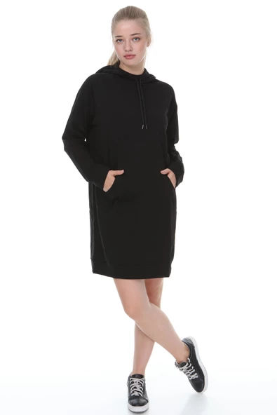 Palena - PLNA4550 - Büyük Beden Kapüşonlu Kanguru Cepli Uzun Sweatshirt - Beden Siyah & Kol Siyah