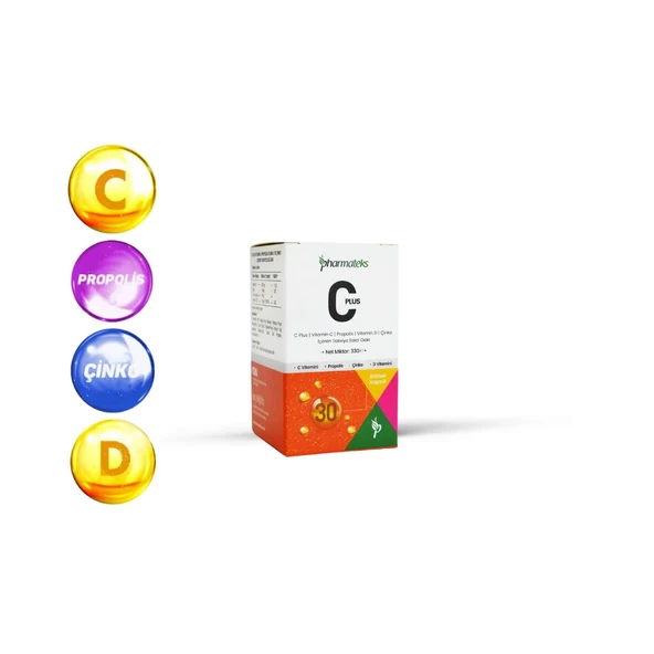 Pharmateks C Plus - Vitamin C, Propolis, Vitamin D, Çinko İçerem Ekstresi İçeren Takviye Edici Gıda 30 Kapsül