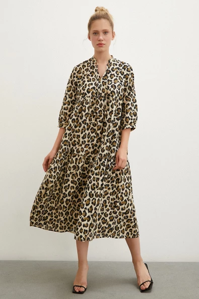 Hakim Yaka Desenli Maxi Elbise Siyah - 2