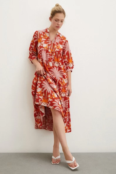 Hakim Yaka Desenli Maxi Elbise Oranj - 3