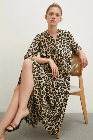 Hakim Yaka Desenli Maxi Elbise Siyah - 4