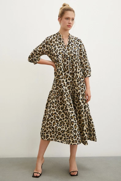 Hakim Yaka Desenli Maxi Elbise Siyah - 3