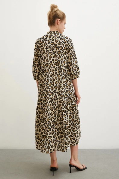 Hakim Yaka Desenli Maxi Elbise Siyah - 6