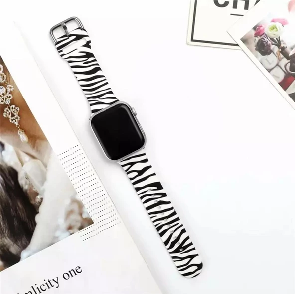 Apple Watch Seri 2/3/4/5/6/7 42mm 44mm 45mm Uyumlu Zebra Desenli Silikon Kordon - 2