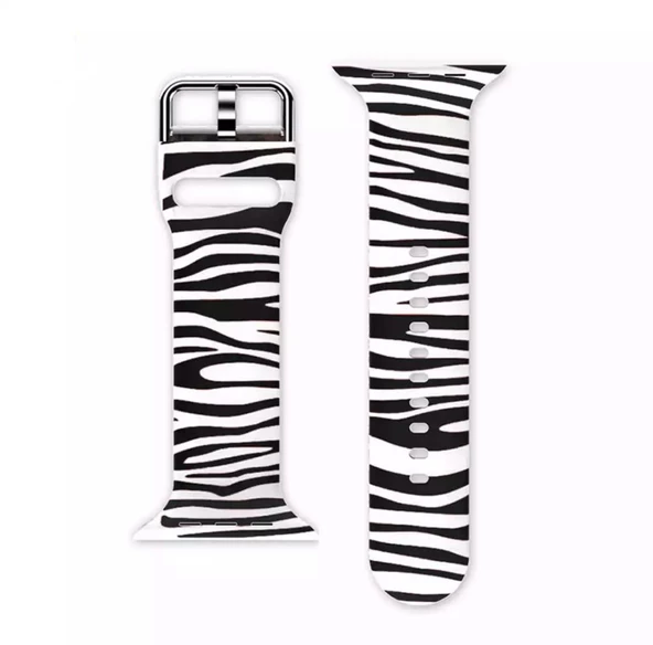 Apple Watch Seri 2/3/4/5/6/7 42mm 44mm 45mm Uyumlu Zebra Desenli Silikon Kordon - 3