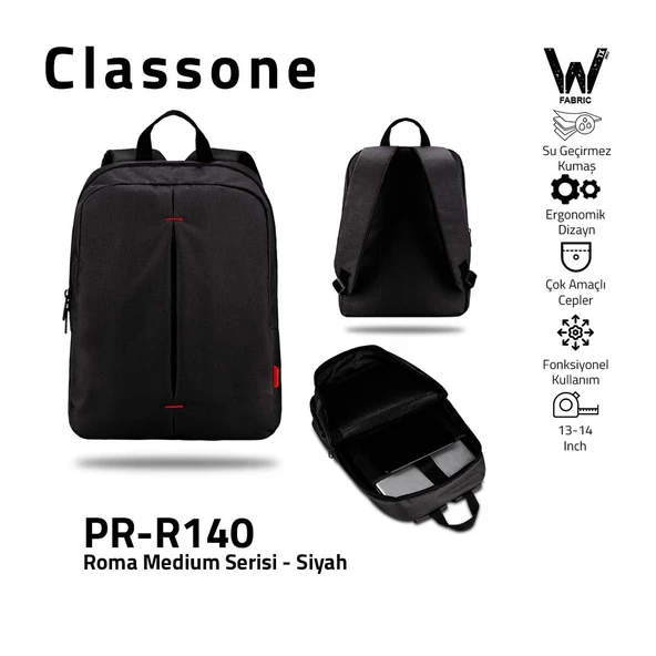 Classone PR-R140  Roma Serisi Su Geçirmez Kumaş 13-14"Notebook Laptop Sırt Çantası - 8