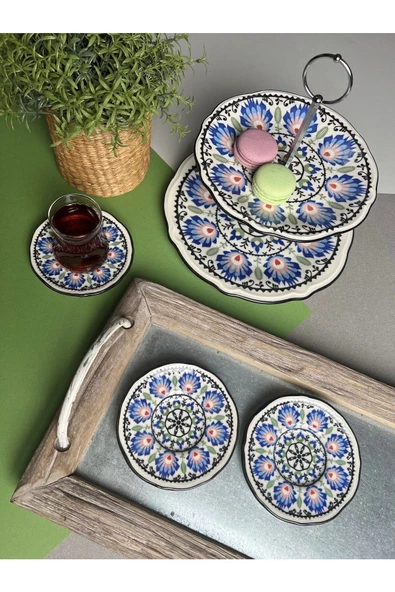 Jamuor Roys Fulya Porselen Katlı Kurabiyelik Ve 6 Lı Çay Tabağı 12cm - 5