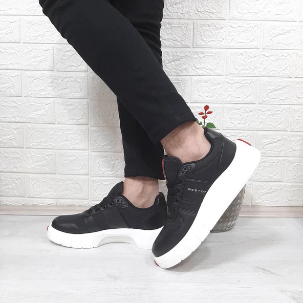 Bestof 544 Siyah-Beyaz Fuspetli Kalın Tabanlı Spor Ayakkabı - 6