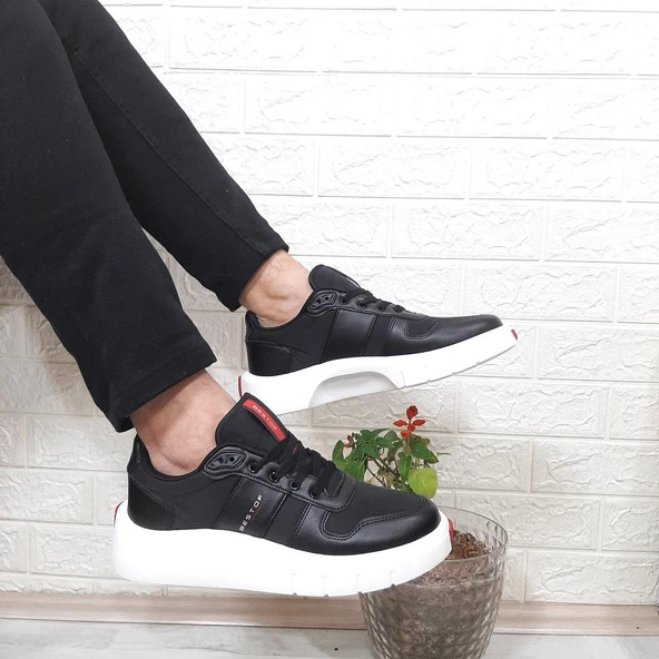 Bestof 544 Siyah-Beyaz Fuspetli Kalın Tabanlı Spor Ayakkabı - 4