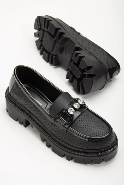 Yesenia Siyah Elmas Detay Tokalı Oxford Ayakkabı