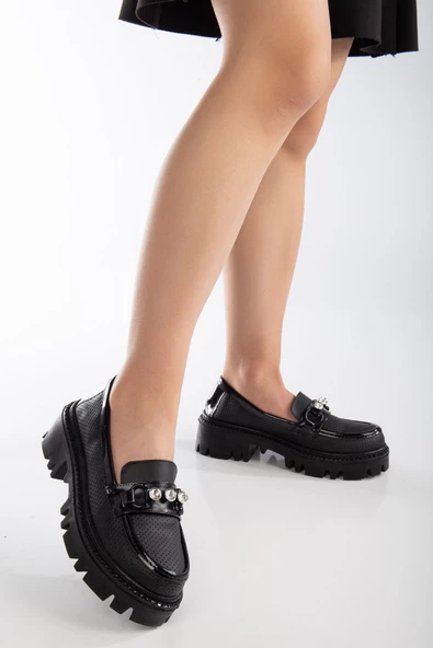 Yesenia Siyah Elmas Detay Tokalı Oxford Ayakkabı - 4