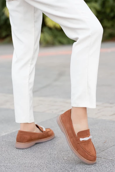 DOLWEN Kahve Süet Taş Detaylı Kadın Ortopedik Düz Babet - 3