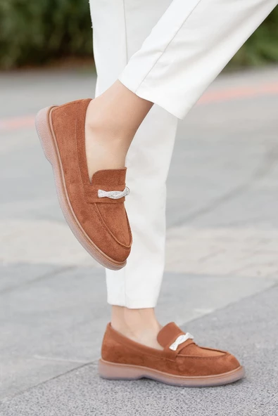 DOLWEN Kahve Süet Taş Detaylı Kadın Ortopedik Düz Babet - 2