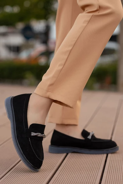 DOLWEN Siyah Süet Taş Detaylı Kadın Ortopedik Düz Babet - 2