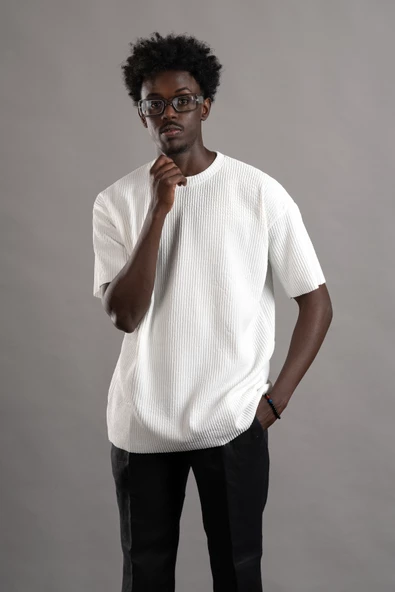 Oversize (Bol Kesim) Kalın Fitilli Bisiklet Yaka Kısa Kol T-shirt - 10