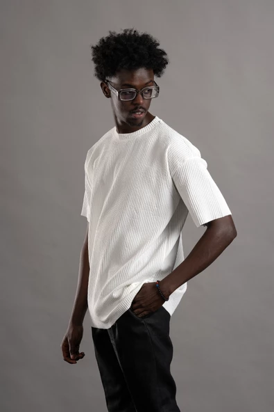 Oversize (Bol Kesim) Kalın Fitilli Bisiklet Yaka Kısa Kol T-shirt - 12