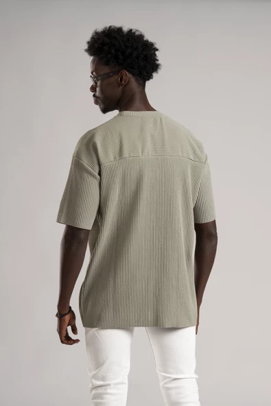 Oversize (Bol Kesim) Kalın Fitilli Bisiklet Yaka Kısa Kol T-shirt - 8