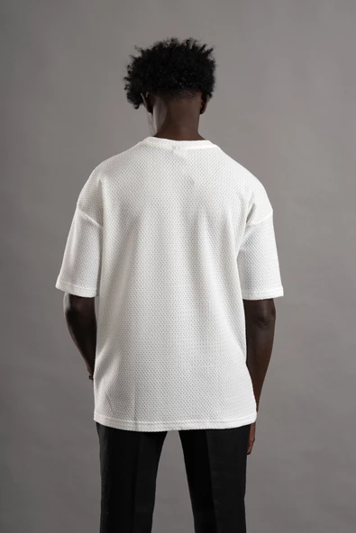 Oversize (Bol Kesim) Bisiklet Yaka Örgülü Likralı Kısa Kol T-shirt - 5