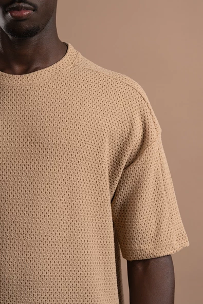Oversize (Bol Kesim) Bisiklet Yaka Örgülü Likralı Kısa Kol T-shirt - 12