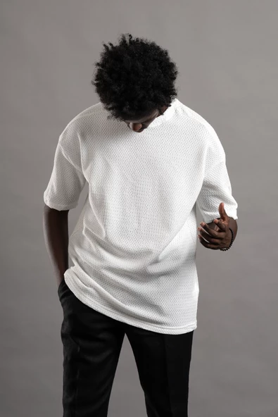 Oversize (Bol Kesim) Bisiklet Yaka Örgülü Likralı Kısa Kol T-shirt - 3