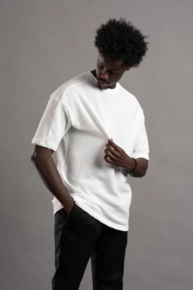 Oversize (Bol Kesim) Bisiklet Yaka Örgülü Likralı Kısa Kol T-shirt - 2