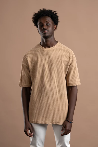 Oversize (Bol Kesim) Bisiklet Yaka Örgülü Likralı Kısa Kol T-shirt - 10