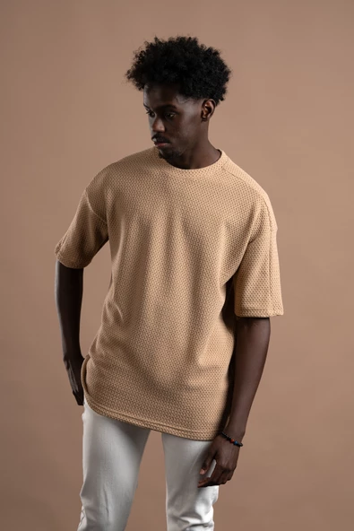 Oversize (Bol Kesim) Bisiklet Yaka Örgülü Likralı Kısa Kol T-shirt - 7