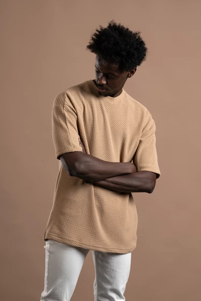 Oversize (Bol Kesim) Bisiklet Yaka Örgülü Likralı Kısa Kol T-shirt - 9