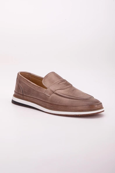 Hakiki Deri Düz Taban Kolej Model Bej Erkek Günlük Loafer Ayakkabı - Resim 4