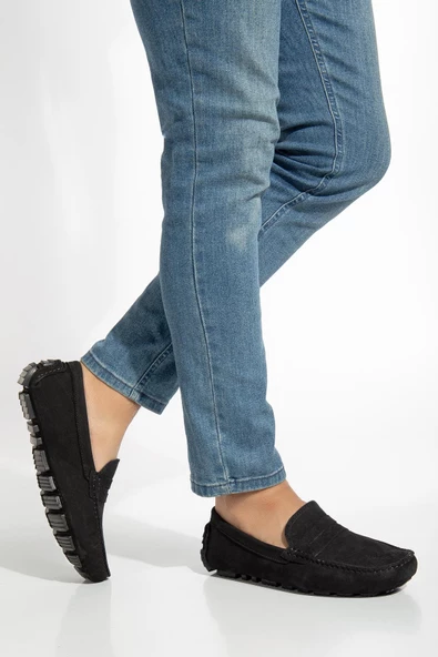 Hakiki Deri Nubuk Rok Kolej Model Siyah Erkek Günlük Loafer Ayakkabı - Resim 2