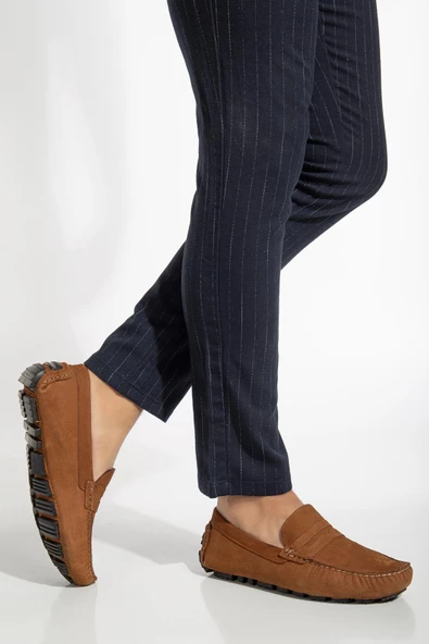 Hakiki Deri Nubuk Rok Kolej Model Taba Erkek Günlük Loafer Ayakkabı - Resim 2