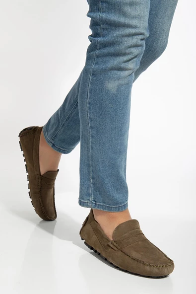 Hakiki Deri Nubuk Rok Kolej Model Haki Erkek Günlük Loafer Ayakkabı - Resim 2