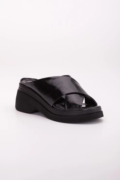 Rugan Kalın Çapraz Bantlı Siyah Kadın Dolgu Topuklu Terlik - Resim 4