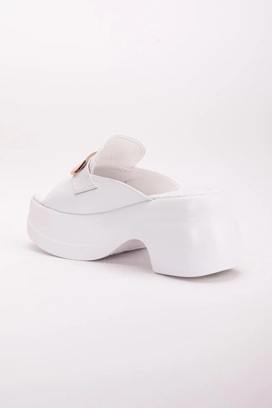 Platform TabanTümyüz Toka Taşlı Cilt Beyaz Kadın Dolgu Topuk Terlik - Resim 5