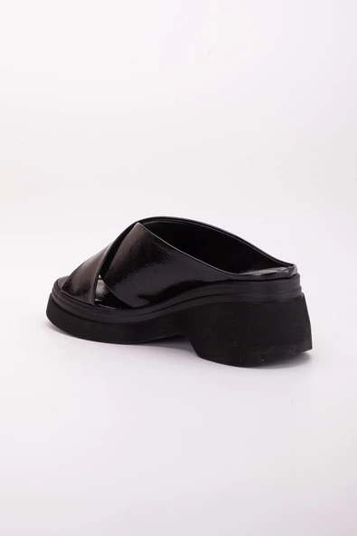 Rugan Kalın Çapraz Bantlı Siyah Kadın Dolgu Topuklu Terlik - Resim 5