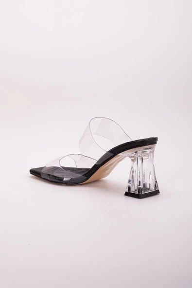 Şeffaf İki Bantlı Siyah Siyah Kadın Şeffaf Topuklu Terlik - Resim 5