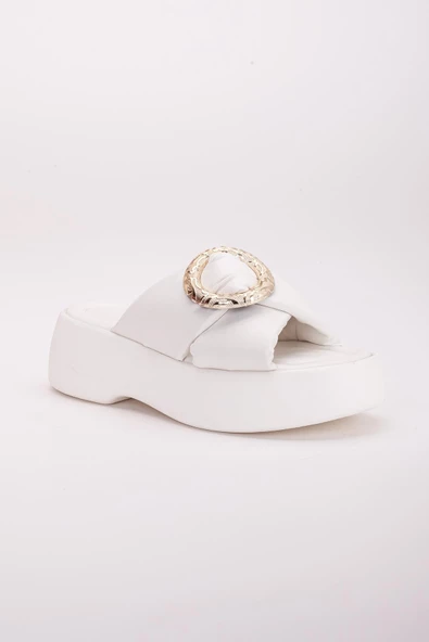 Büyük Tokalı Kalın Taban Cilt Beyaz Kadın Dolgu Topuk Terlik - Resim 4