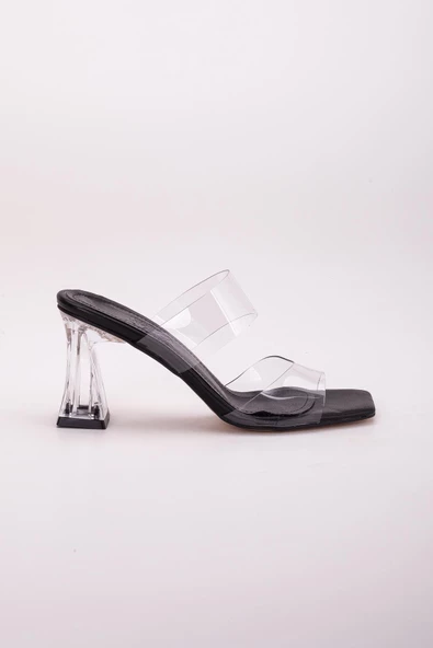 Şeffaf İki Bantlı Siyah Siyah Kadın Şeffaf Topuklu Terlik - Resim 3