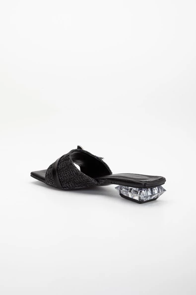 Hasır Kelebek Taş Tokalı Siyah Kadın Kısa Topuklu Terlik - Resim 5