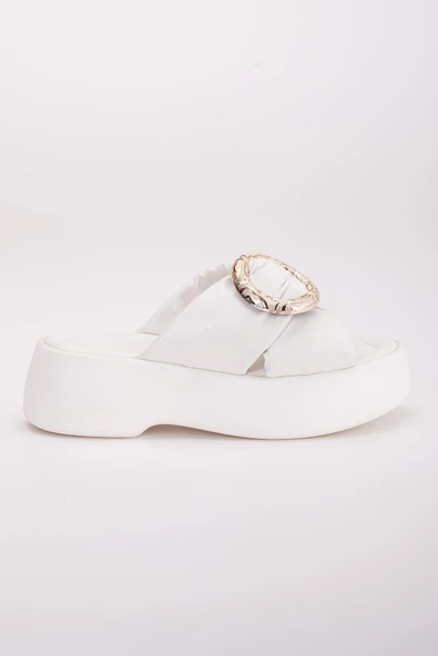 Büyük Tokalı Kalın Taban Cilt Beyaz Kadın Dolgu Topuk Terlik - Resim 3