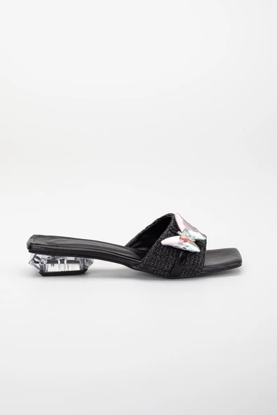 Hasır Kelebek Taş Tokalı Siyah Kadın Kısa Topuklu Terlik - Resim 3