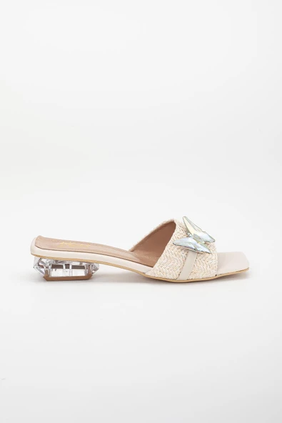 Hasır Kelebek Taş Tokalı Bej Kadın Kısa Topuklu Terlik - Resim 3
