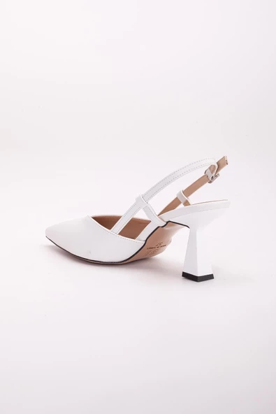 Büyük Numara Yan Direkli V Yüzlü Cilt Beyaz Kadın Topuklu Ayakkabı - Resim 5
